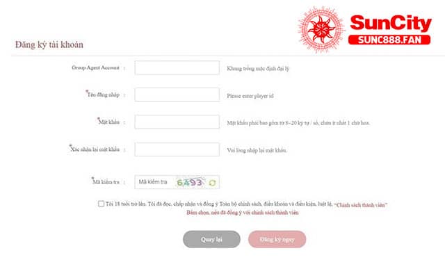 Điền thông tin cho biểu mẫu đăng ký Suncity